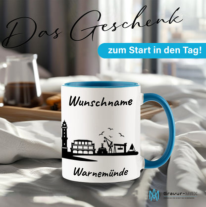 Tasse in Hellblau 330ml bedruckt mit der Skyline von Warnemünde personalisierbar mit Wunschname