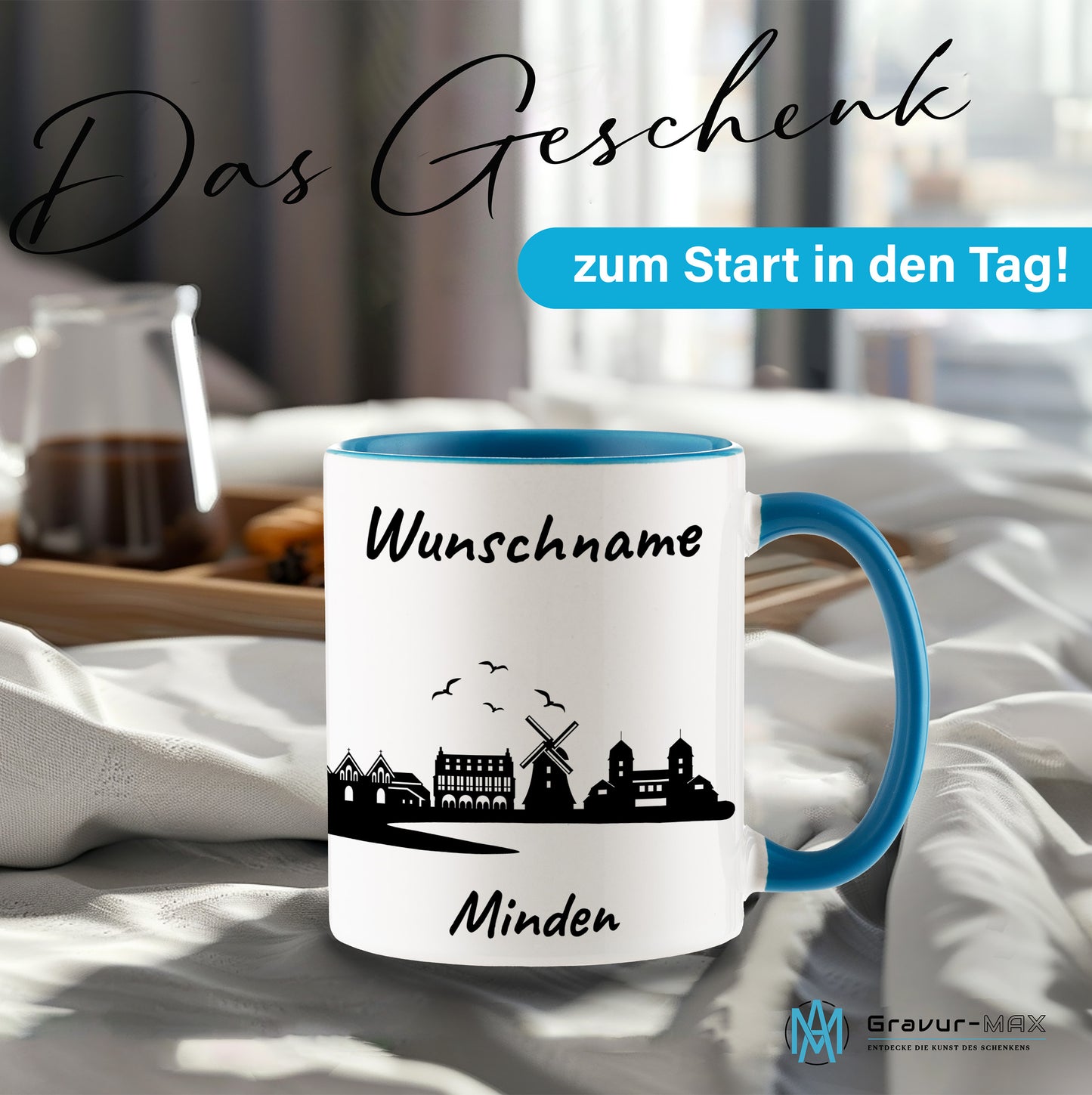 Tasse in Hellblau 330ml bedruckt mit der Skyline von Minden personalisierbar mit Wunschname