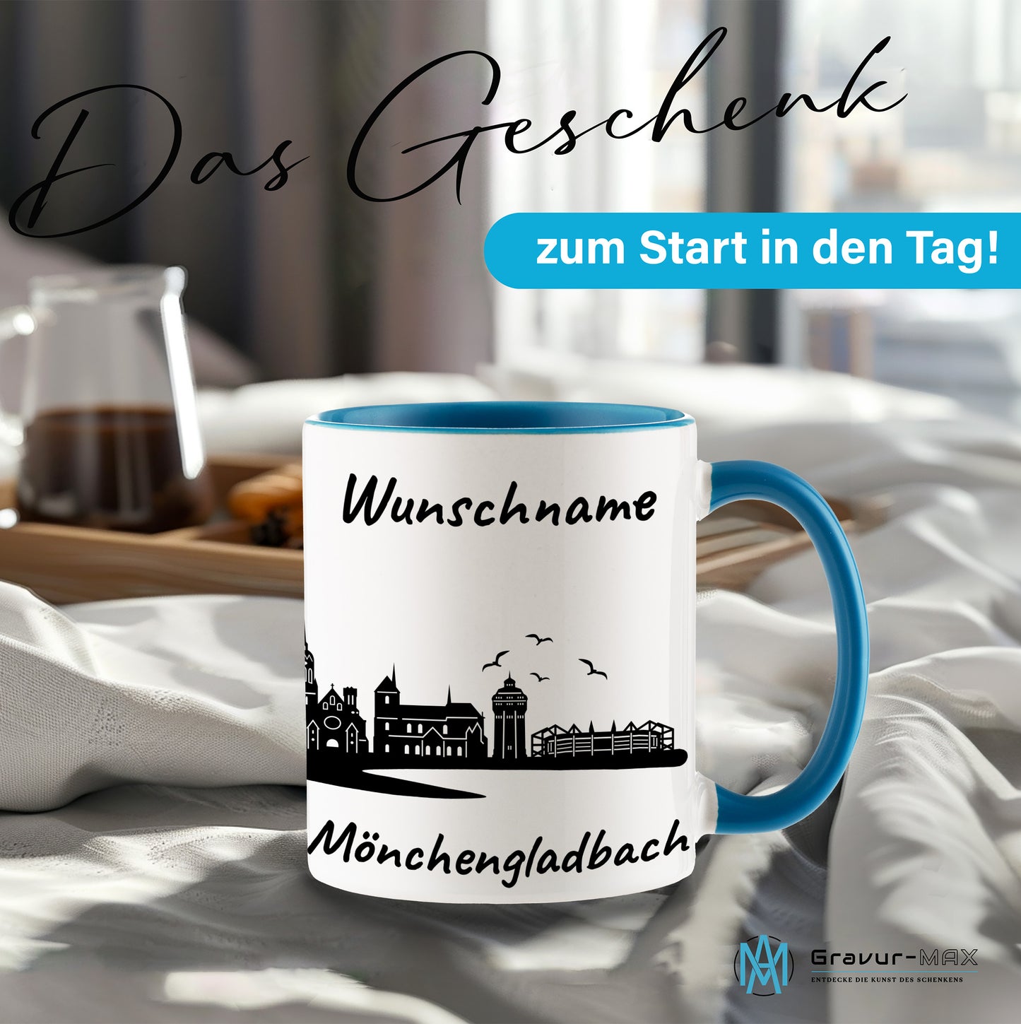 Tasse in Hellblau 330ml bedruckt mit der Skyline von Mönchengladbach personalisierbar mit Wunschname