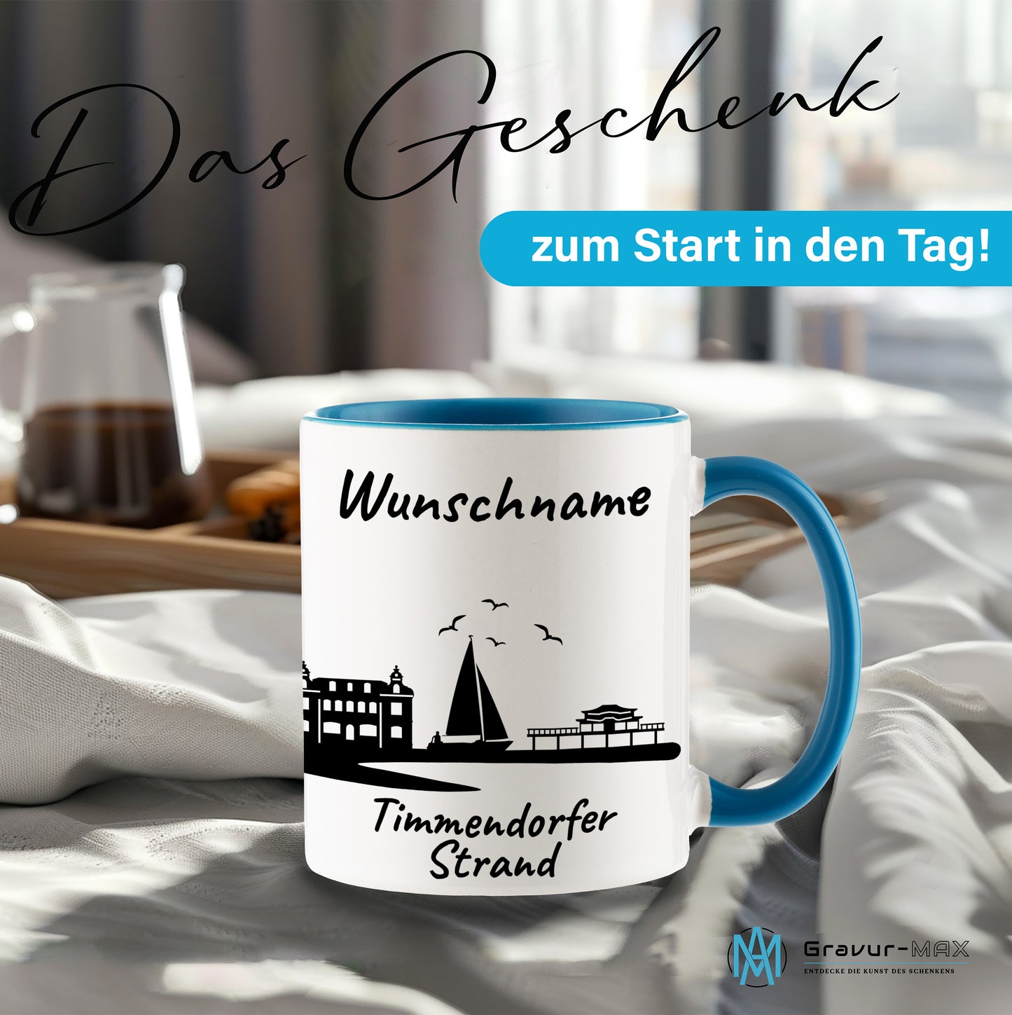 Tasse in Hellblau 330ml bedruckt mit der Skyline von Timmendorfer Strand personalisierbar mit Wunschname