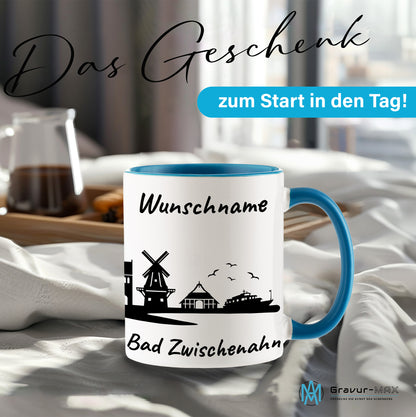 Tasse in Hellblau 330ml bedruckt mit der Skyline von Bad Zwischenahn personalisierbar mit Wunschname