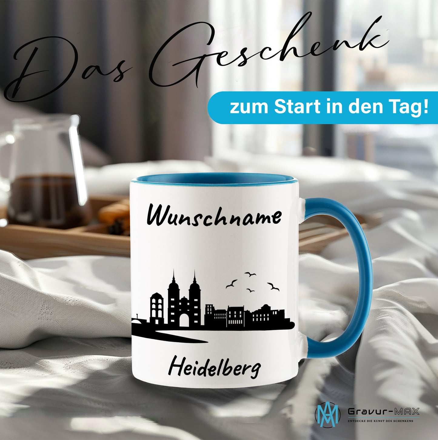 Tasse in Hellblau 330ml bedruckt mit der Skyline von Heidelberg personalisierbar mit Wunschname