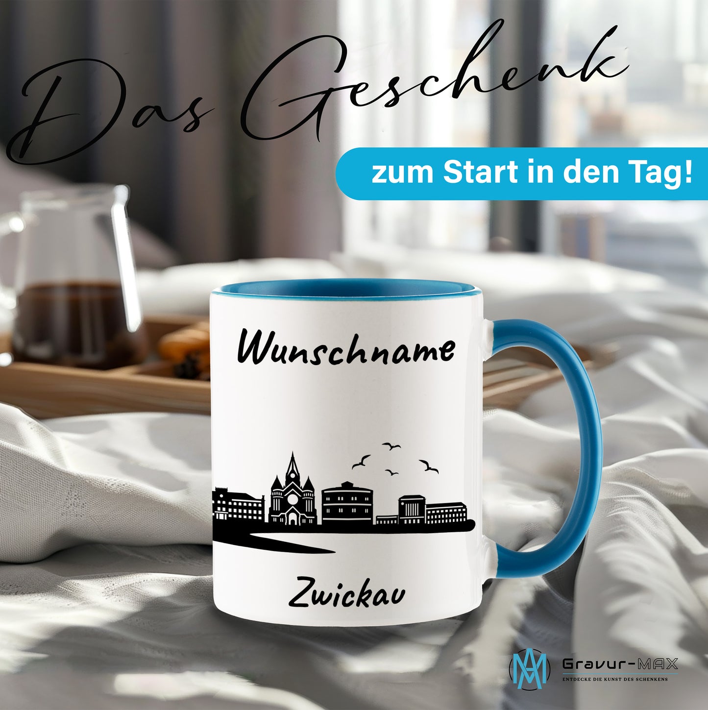 Tasse in Hellblau 330ml bedruckt mit der Skyline von Zwickau personalisierbar mit Wunschname