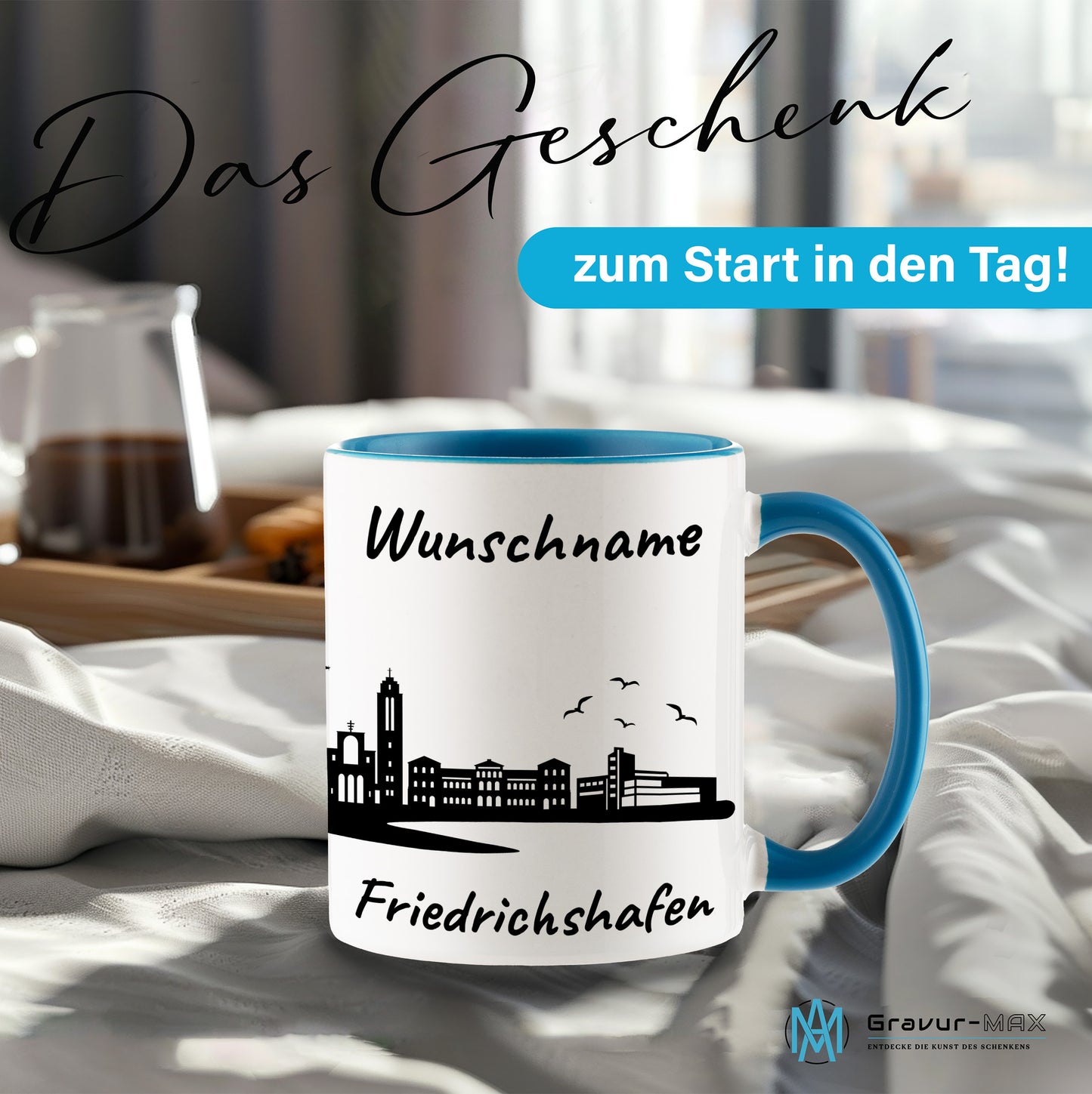 Tasse in Hellblau 330ml bedruckt mit der Skyline von Friedrichshafen personalisierbar mit Wunschname