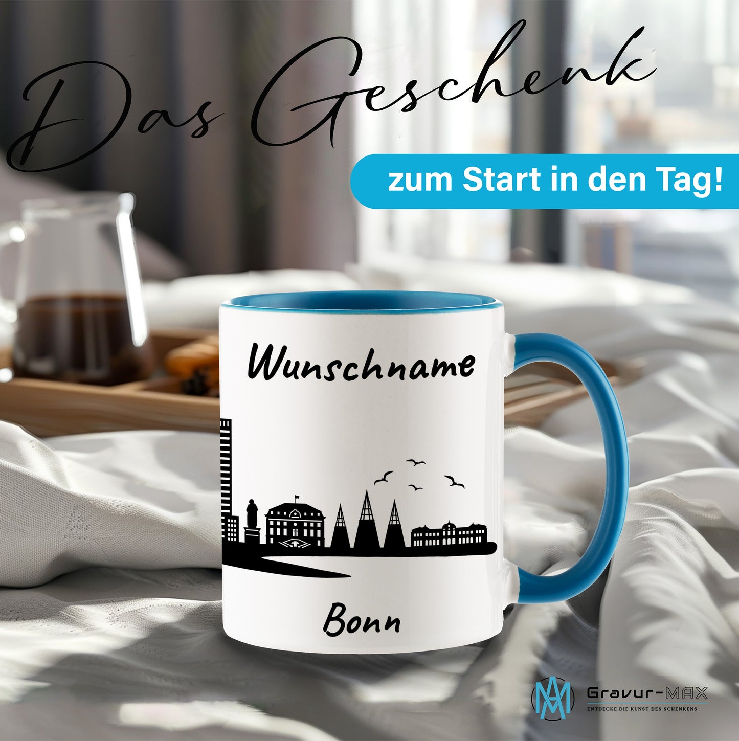 Tasse in Hellblau 330ml bedruckt mit der Skyline von Bonn personalisierbar mit Wunschname