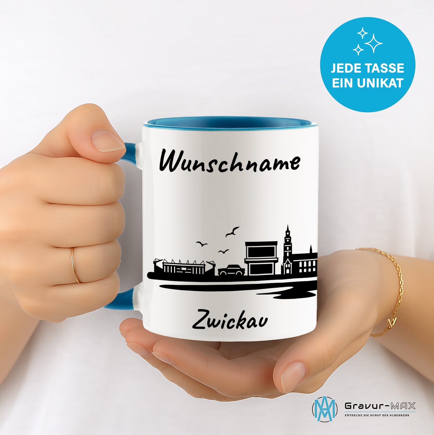 Tasse in Hellblau 330ml bedruckt mit der Skyline von Zwickau personalisierbar mit Wunschname