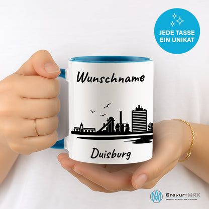 Tasse in Hellblau 330ml bedruckt mit der Skyline von Duisburg personalisierbar mit Wunschname