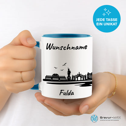 Tasse in Hellblau 330ml bedruckt mit der Skyline von Fulda personalisierbar mit Wunschname