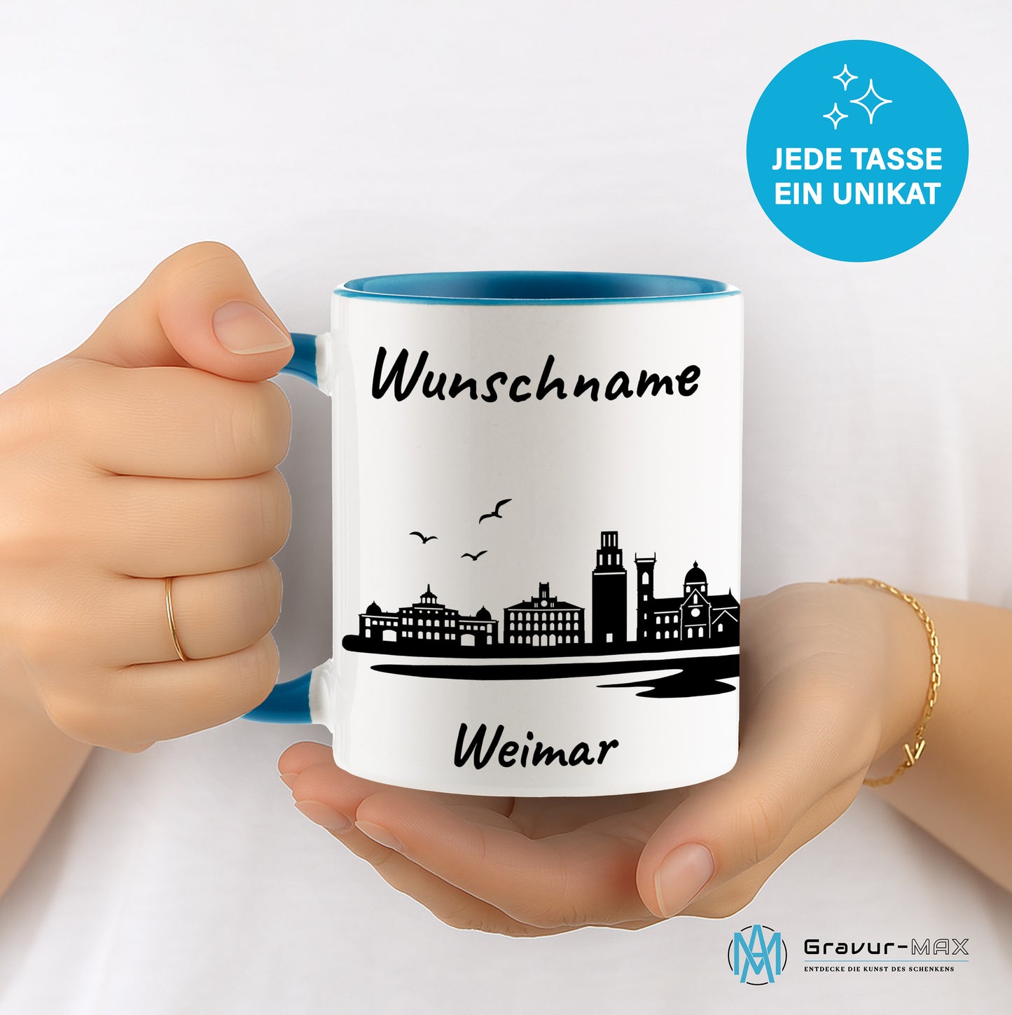 Tasse in Hellblau 330ml bedruckt mit der Skyline von Weimar personalisierbar mit Wunschname