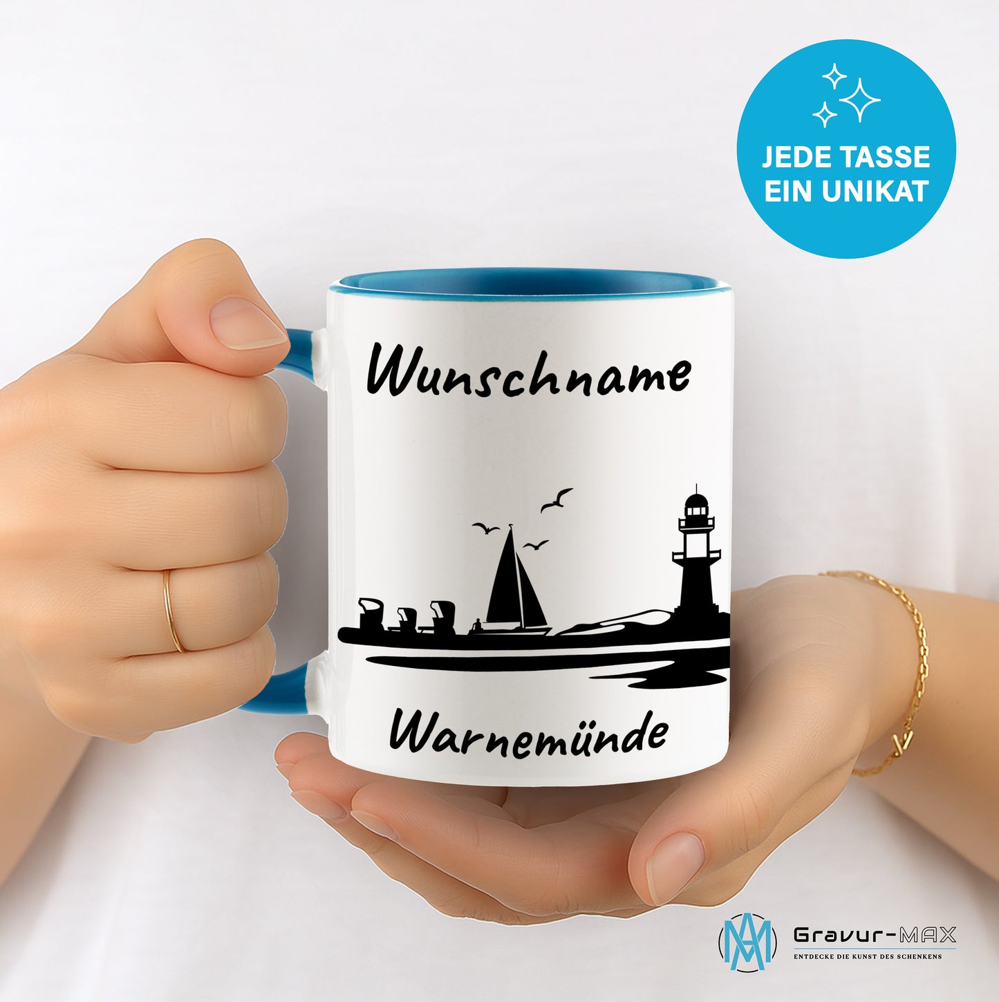 Tasse in Hellblau 330ml bedruckt mit der Skyline von Warnemünde personalisierbar mit Wunschname