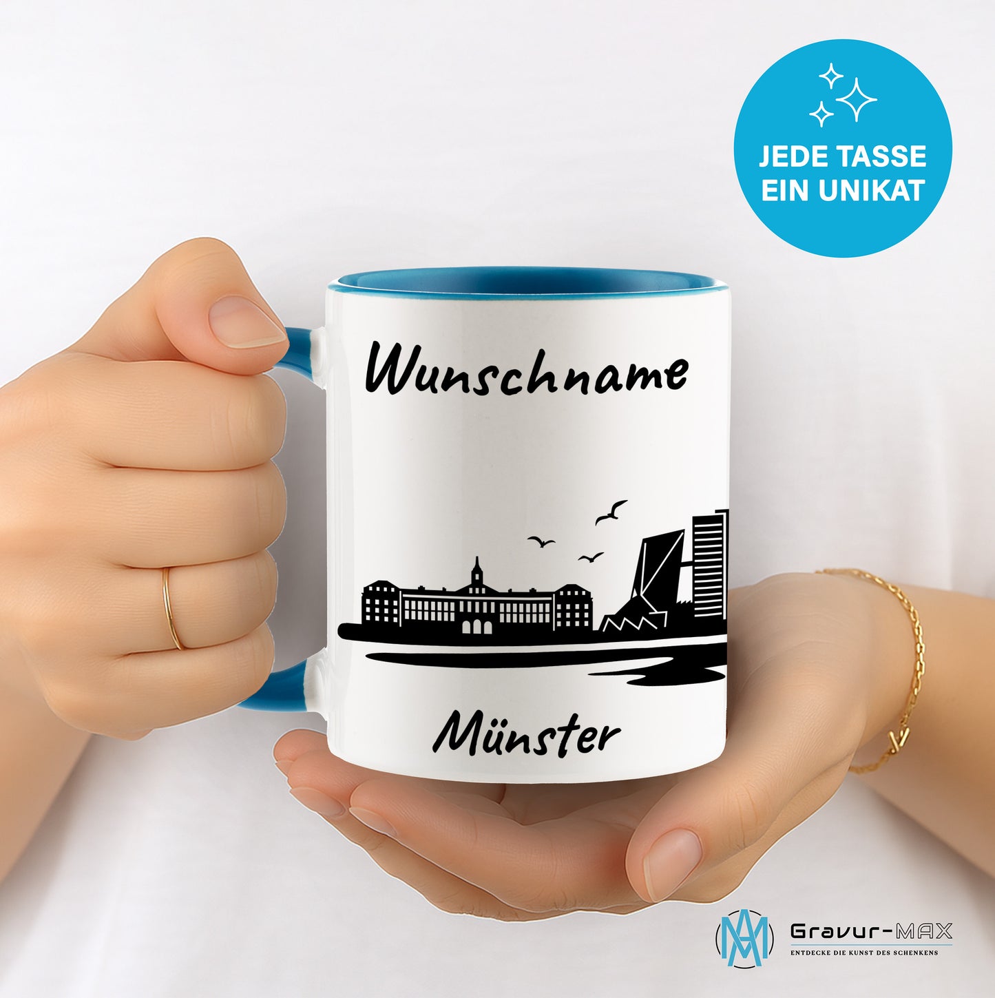 Tasse in Hellblau 330ml bedruckt mit der Skyline von Münster personalisierbar mit Wunschname