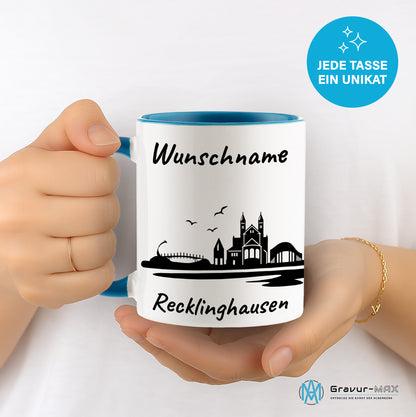 Tasse in Hellblau 330ml bedruckt mit der Skyline von Recklinghausen personalisierbar mit Wunschname