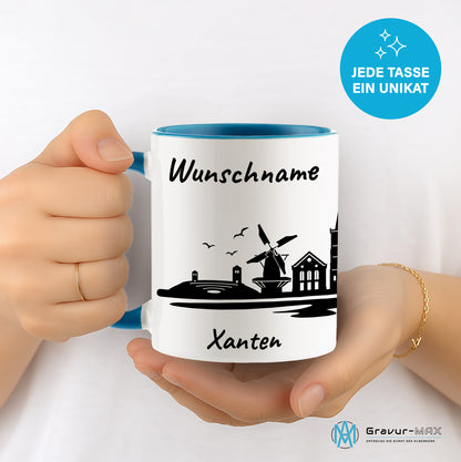 Tasse in Hellblau 330ml bedruckt mit der Skyline von Xanten personalisierbar mit Wunschname