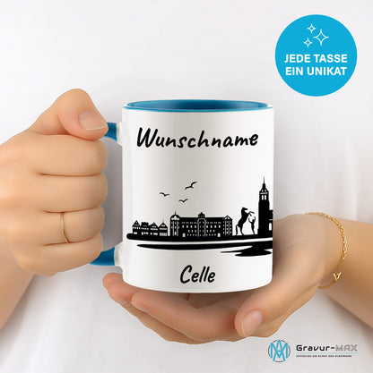 Tasse in Hellblau 330ml bedruckt mit der Skyline von Celle personalisierbar mit Wunschname