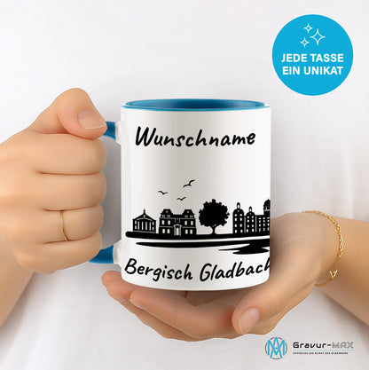 Tasse in Hellblau 330ml bedruckt mit der Skyline von Bergisch Gladbach personalisierbar mit Wunschname
