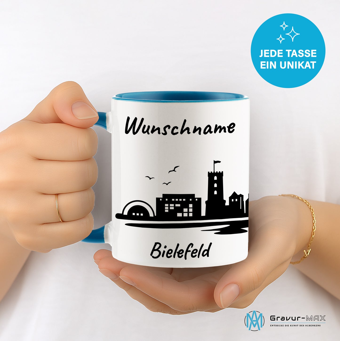 Tasse in Hellblau 330ml bedruckt mit der Skyline von Bielefeld personalisierbar mit Wunschname