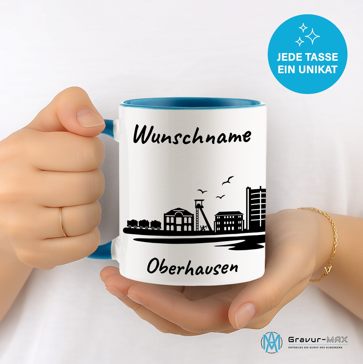 Tasse in Hellblau 330ml bedruckt mit der Skyline von Oberhausen personalisierbar mit Wunschname