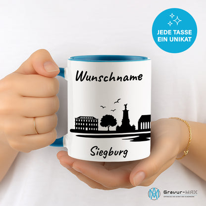 Tasse in Hellblau 330ml bedruckt mit der Skyline von Siegburg personalisierbar mit Wunschname