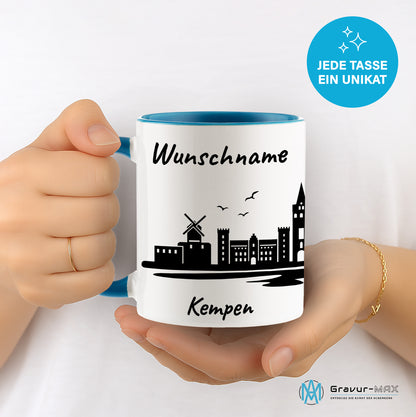 Tasse in Hellblau 330ml bedruckt mit der Skyline von Kempen personalisierbar mit Wunschname