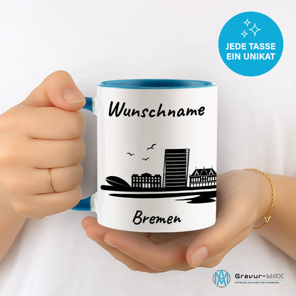 Tasse in Hellblau 330ml bedruckt mit der Skyline von Bremen personalisierbar mit Wunschname