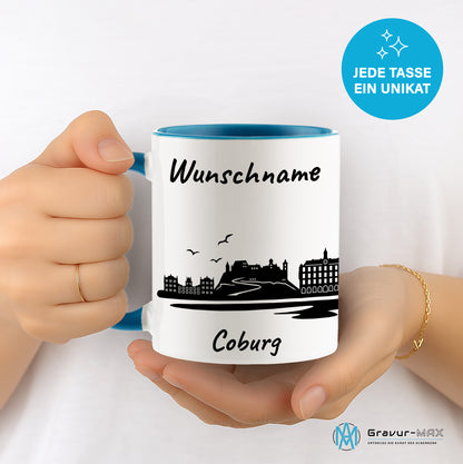 Tasse in Hellblau 330ml bedruckt mit der Skyline von Coburg personalisierbar mit Wunschname