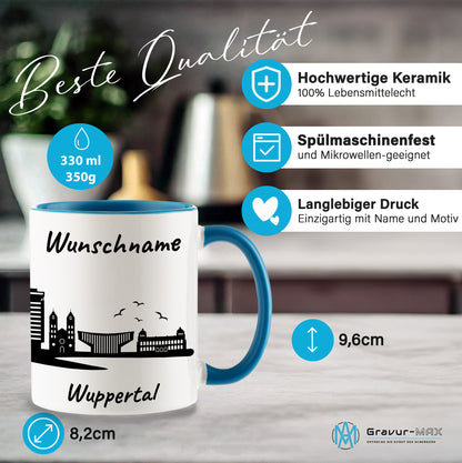 Tasse in Hellblau 330ml bedruckt mit der Skyline von Wuppertal personalisierbar mit Wunschname