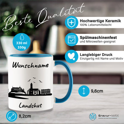 Tasse in Hellblau 330ml bedruckt mit der Skyline von Landshut personalisierbar mit Wunschname