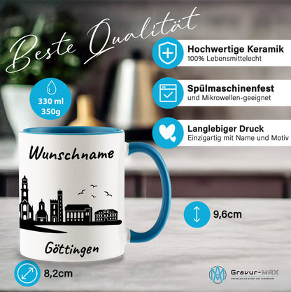 Tasse in Hellblau 330ml bedruckt mit der Skyline von Göttingen personalisierbar mit Wunschname