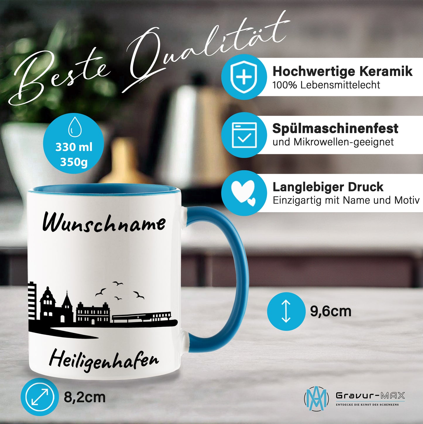 Tasse in Hellblau 330ml bedruckt mit der Skyline von Heiligenhafen personalisierbar mit Wunschname