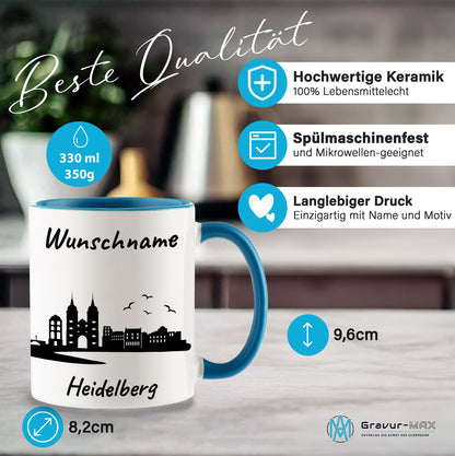 Tasse in Hellblau 330ml bedruckt mit der Skyline von Heidelberg personalisierbar mit Wunschname