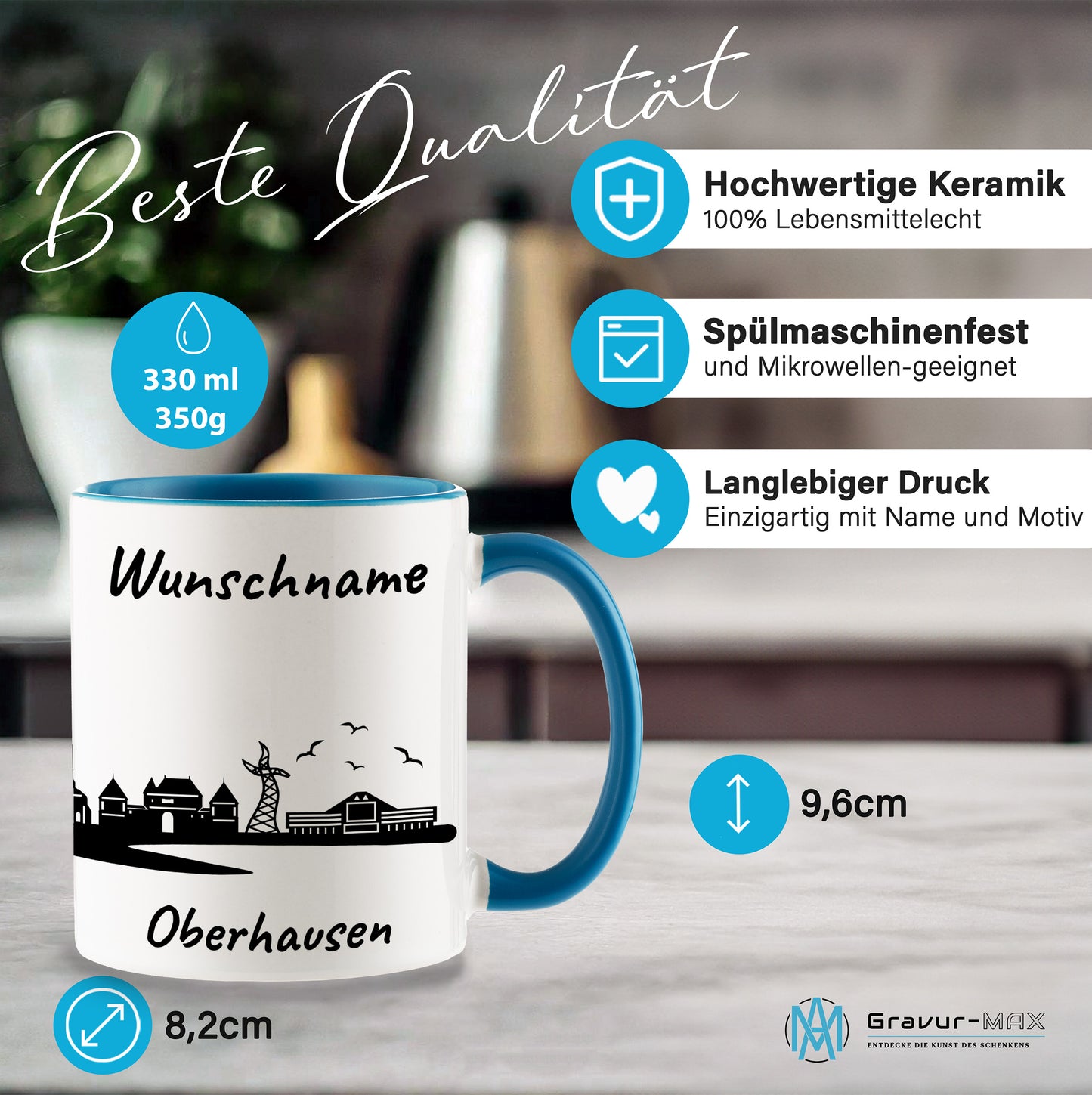 Tasse in Hellblau 330ml bedruckt mit der Skyline von Oberhausen personalisierbar mit Wunschname