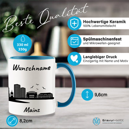 Tasse in Hellblau 330ml bedruckt mit der Skyline von Mainz personalisierbar mit Wunschname