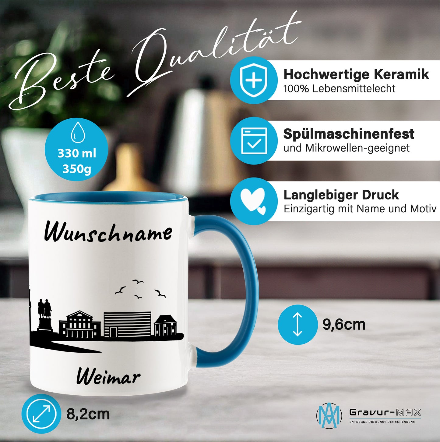Tasse in Hellblau 330ml bedruckt mit der Skyline von Weimar personalisierbar mit Wunschname