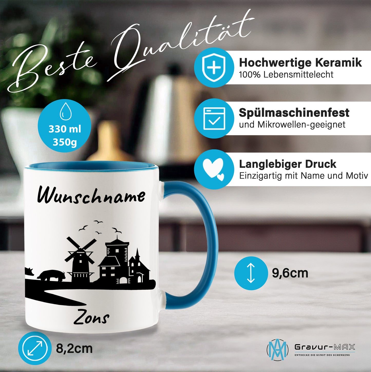 Tasse in Hellblau 330ml bedruckt mit der Skyline von Zons (Dormagen) personalisierbar mit Wunschname