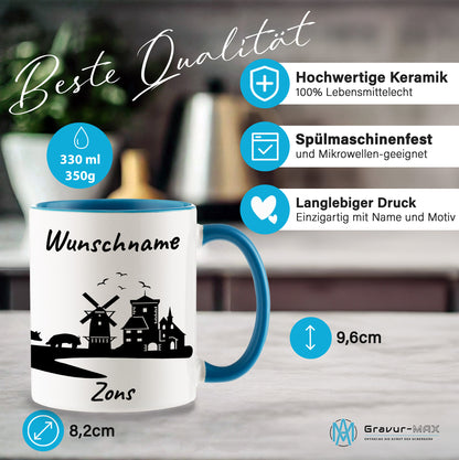Tasse in Hellblau 330ml bedruckt mit der Skyline von Zons (Dormagen) personalisierbar mit Wunschname