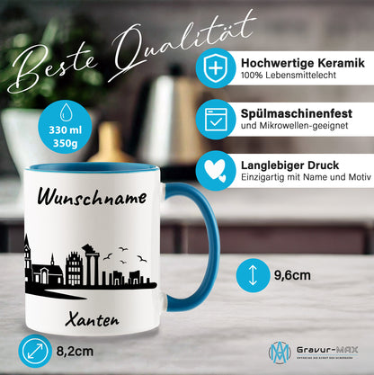 Tasse in Hellblau 330ml bedruckt mit der Skyline von Xanten personalisierbar mit Wunschname