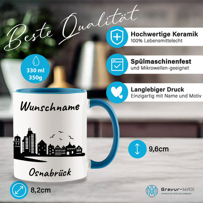 Tasse in Hellblau 330ml bedruckt mit der Skyline von Osnabrück personalisierbar mit Wunschname