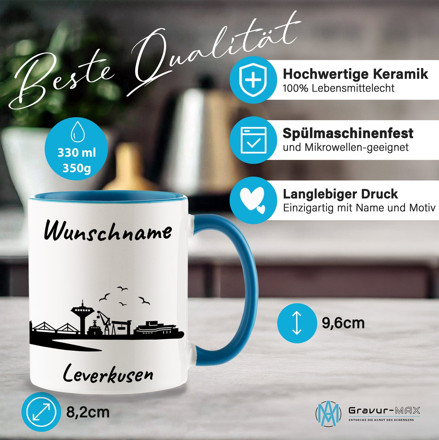 Tasse in Hellblau 330ml bedruckt mit der Skyline von Leverkusen personalisierbar mit Wunschname