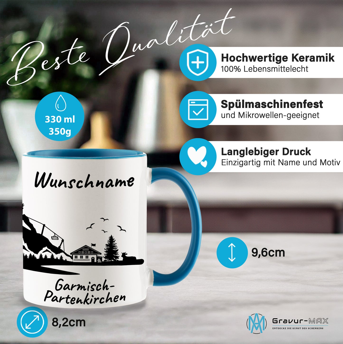 Tasse in Hellblau 330ml bedruckt mit der Skyline von Garmisch-Partenkirchen personalisierbar mit Wunschname