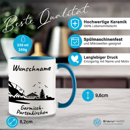 Tasse in Hellblau 330ml bedruckt mit der Skyline von Garmisch-Partenkirchen personalisierbar mit Wunschname
