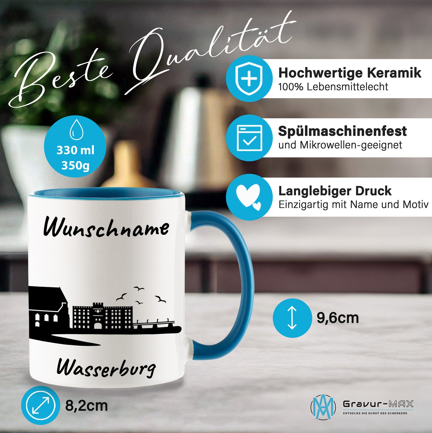 Tasse in Hellblau 330ml bedruckt mit der Skyline von Wasserburg personalisierbar mit Wunschname