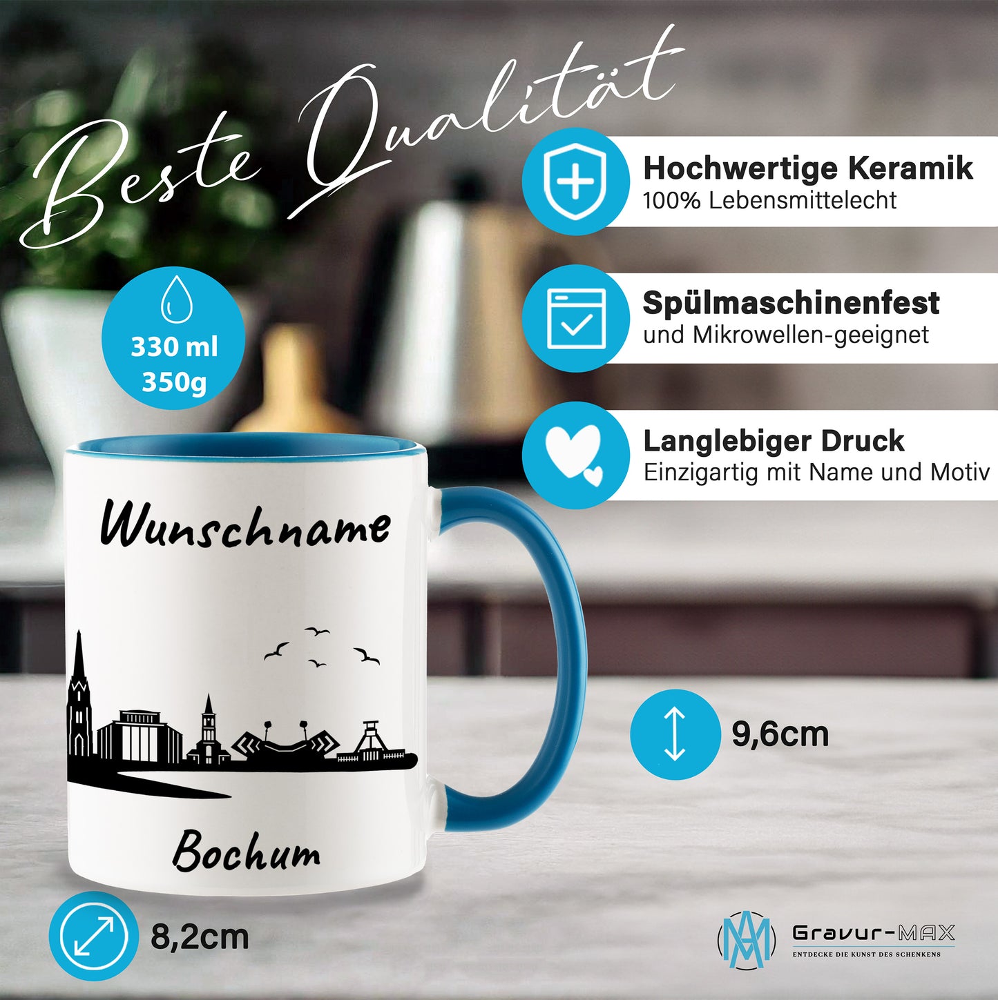 Tasse in Hellblau 330ml bedruckt mit der Skyline von Bochum personalisierbar mit Wunschname