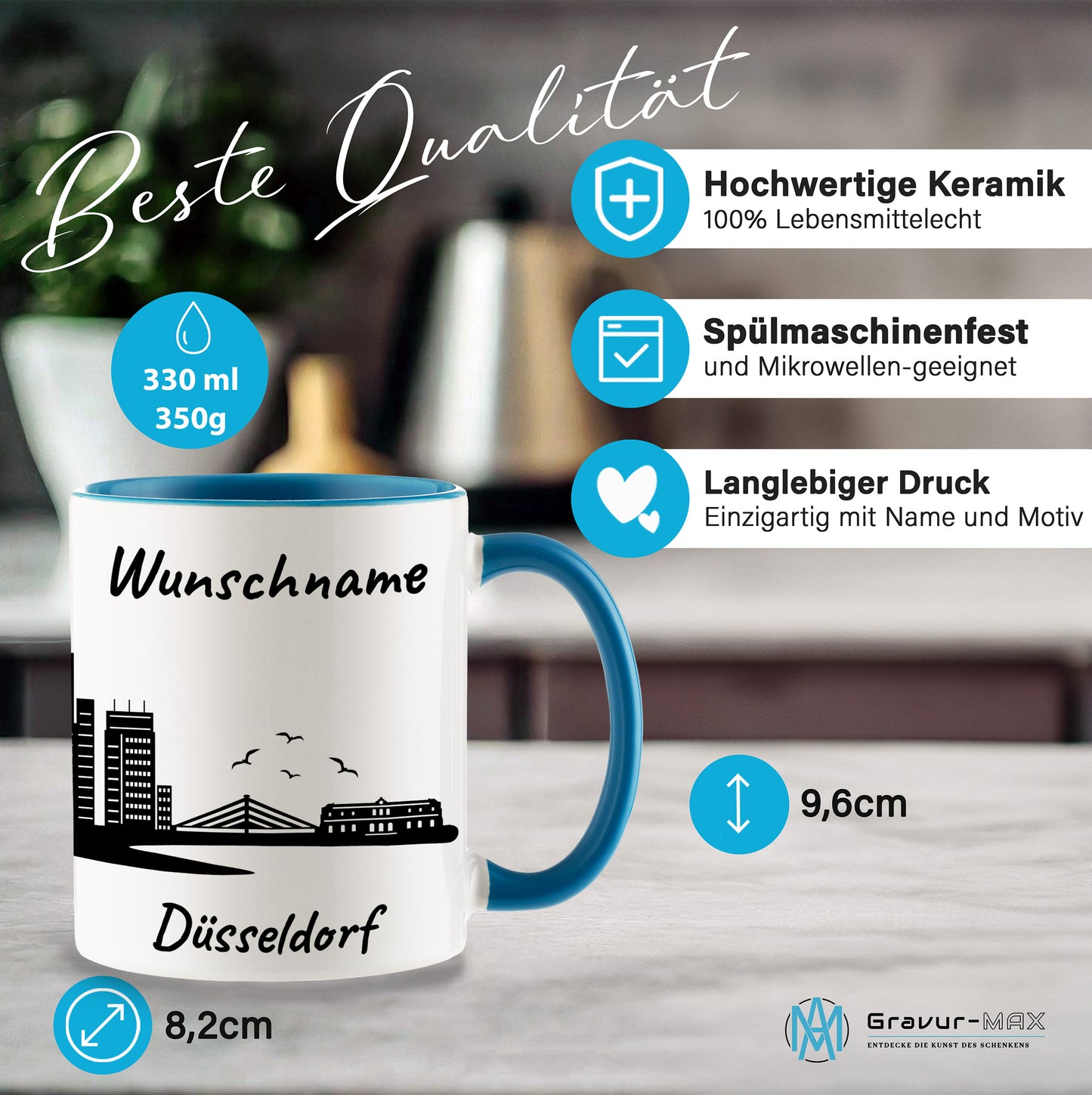 Tasse in Hellblau 330ml bedruckt mit der Skyline von Düsseldorf personalisierbar mit Wunschname