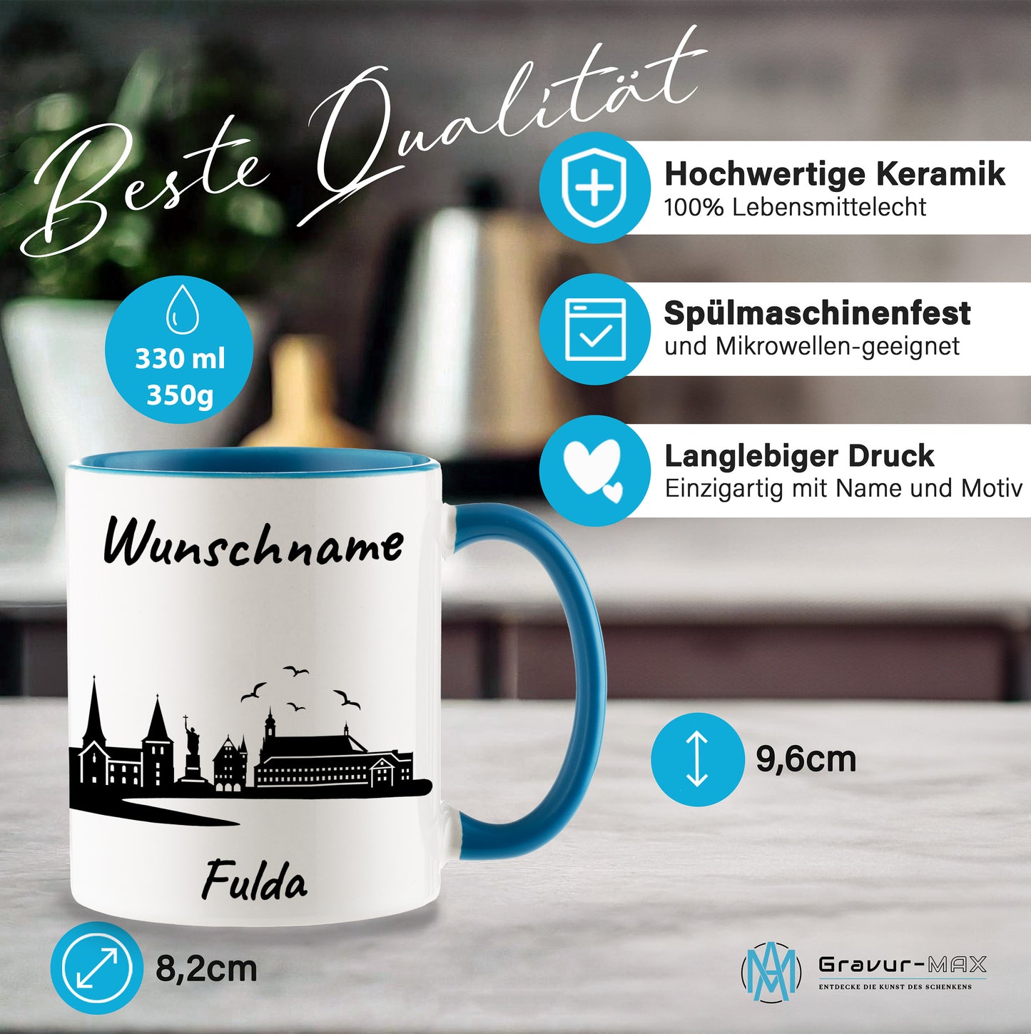 Tasse in Hellblau 330ml bedruckt mit der Skyline von Fulda personalisierbar mit Wunschname