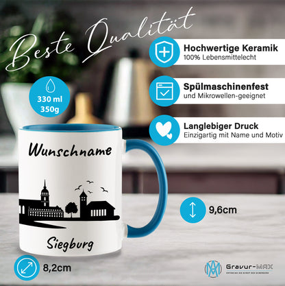 Tasse in Hellblau 330ml bedruckt mit der Skyline von Siegburg personalisierbar mit Wunschname