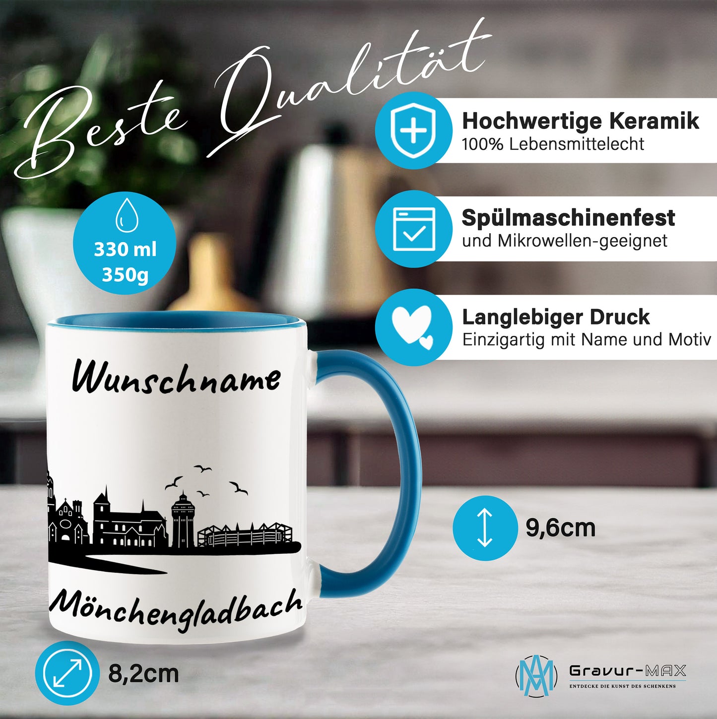 Tasse in Hellblau 330ml bedruckt mit der Skyline von Mönchengladbach personalisierbar mit Wunschname
