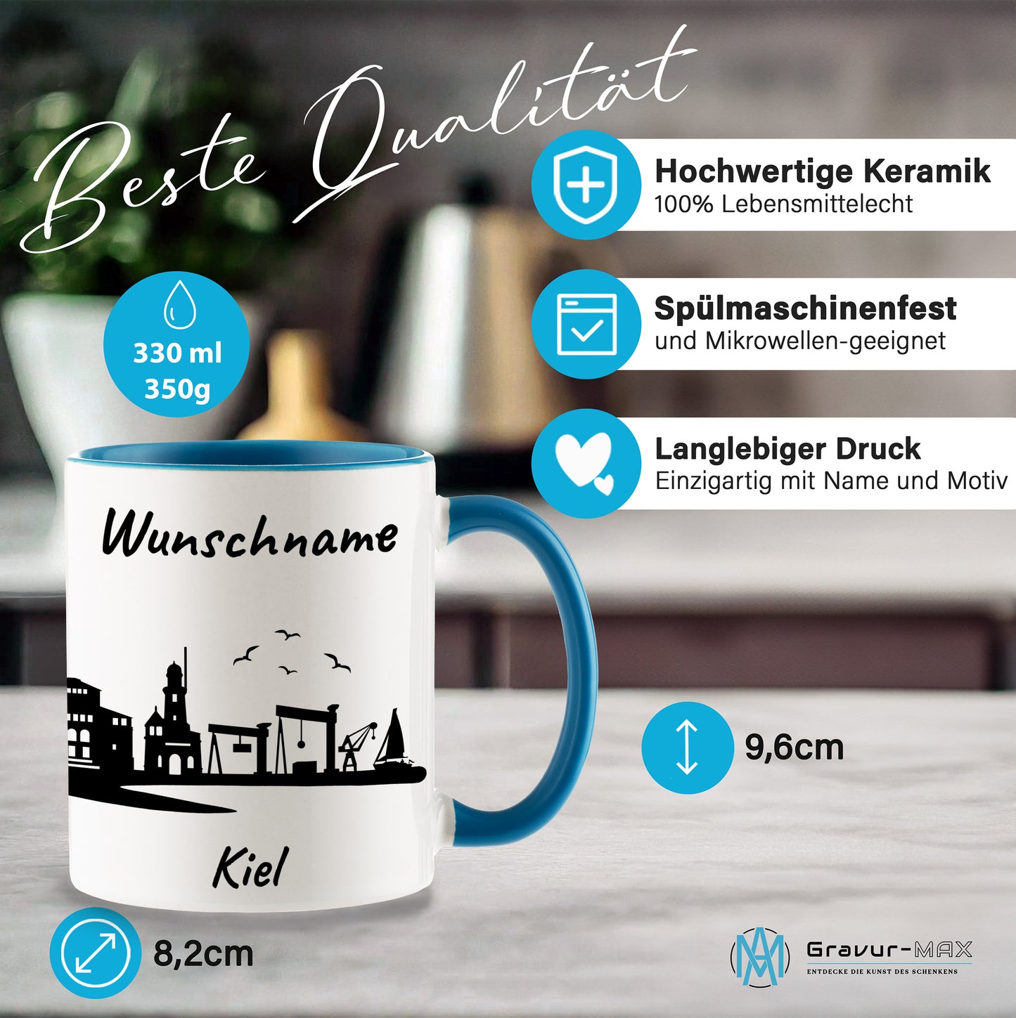 Tasse in Hellblau 330ml bedruckt mit der Skyline von Kiel personalisierbar mit Wunschname
