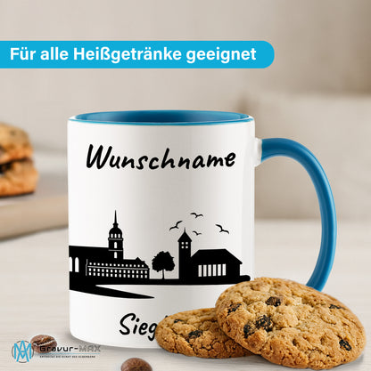 Tasse in Hellblau 330ml bedruckt mit der Skyline von Siegburg personalisierbar mit Wunschname