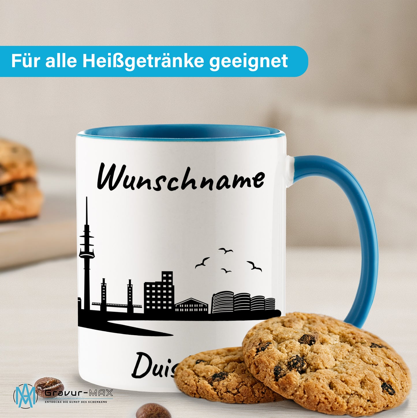Tasse in Hellblau 330ml bedruckt mit der Skyline von Duisburg personalisierbar mit Wunschname