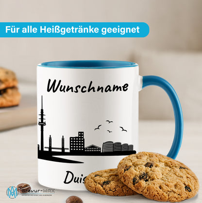 Tasse in Hellblau 330ml bedruckt mit der Skyline von Duisburg personalisierbar mit Wunschname